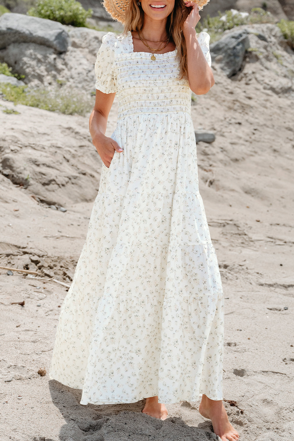 White Frilly Shirred Bodice Tiered Floral Maxi Dress