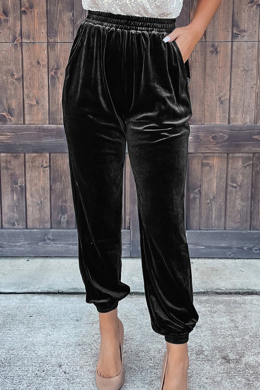 Black Solid Velvet Jogger Pants