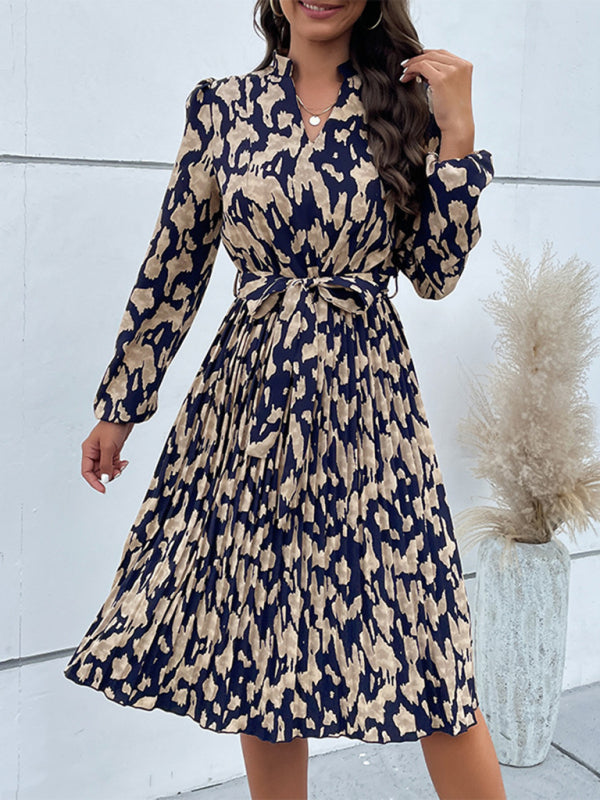 Women's Woven Pleated Print Long Sleeve Dress