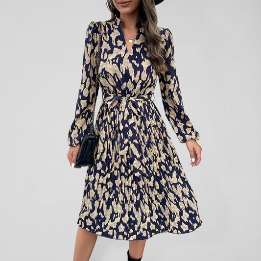 Women's Woven Pleated Print Long Sleeve Dress