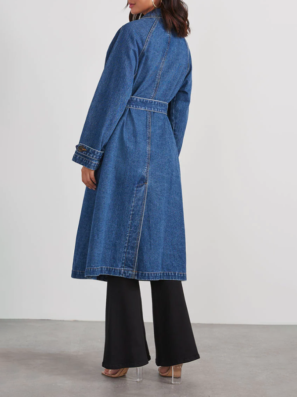 Women's  Long Denim Cotton Solid Color  Long Button Loose Jacket In Blue or Black Denim