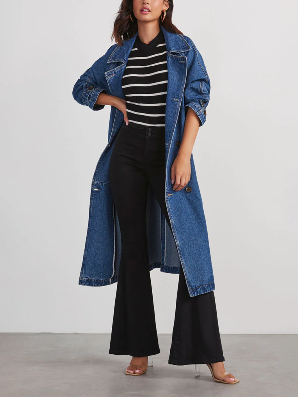 Women's  Long Denim Cotton Solid Color  Long Button Loose Jacket In Blue or Black Denim